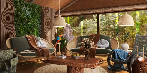 modern tropical living room featuring an open layout with natural materials and greenery, showcasing interior decor with a focus on blending indoor and outdoor spaces, utilizing Homestyler's real-time 3D rendering for design proposal.