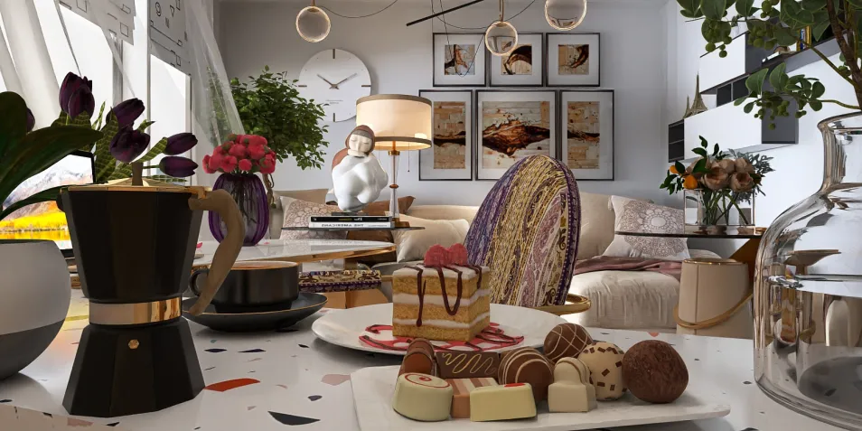 Cozy living room with dessert display and coffee setup, featuring a modern style and enhancing relaxation and socialization, utilizing Homestyler's real-time 3D rendering feature.
