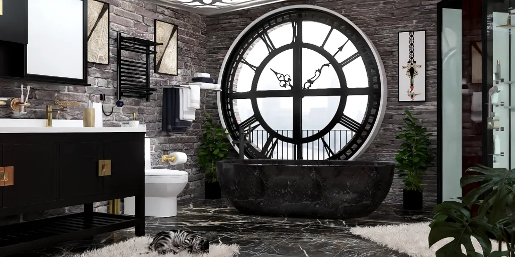 a large white clock sitting in the middle of a bathroom 