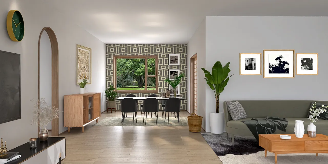 a living room with a couch, table, and a window 