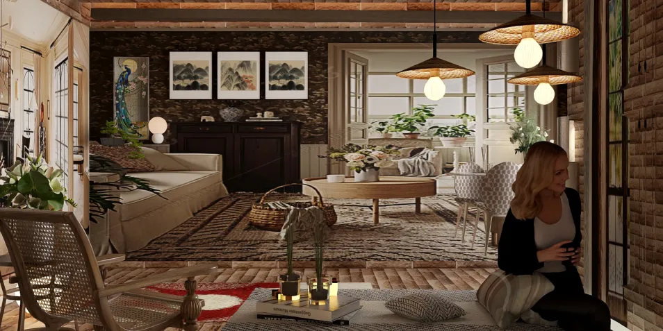 Cozy living area featuring a woman admiring the decor, showcasing rustic wooden beams and ambient lighting, designed for harmonious interior decor, utilizing Homestyler's real-time 3D rendering feature.