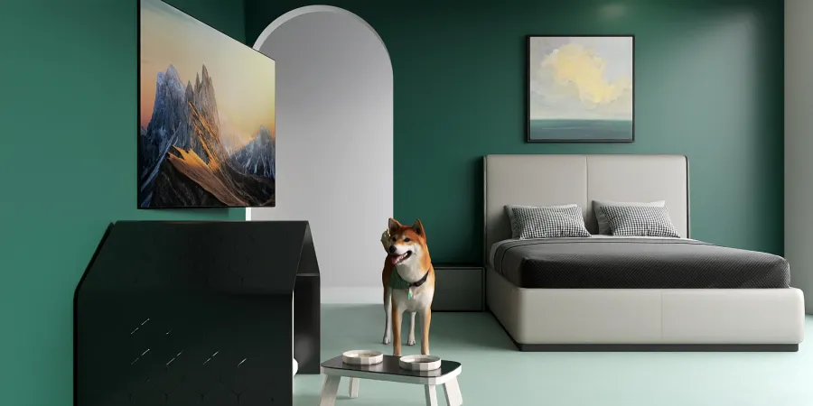 a dog standing on a bed in a room 