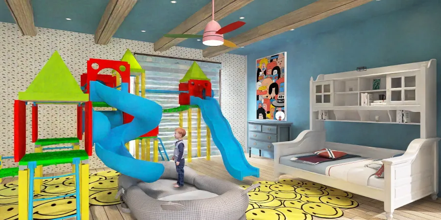 a toy house with a colorful doll and a blue chair 