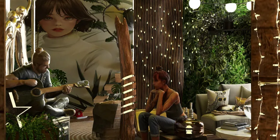 A cozy indoor space featuring a singer playing guitar and a woman relaxing, showcasing a modern design with natural elements and warm lighting, designed using Homestyler's smart furniture arrangement feature.