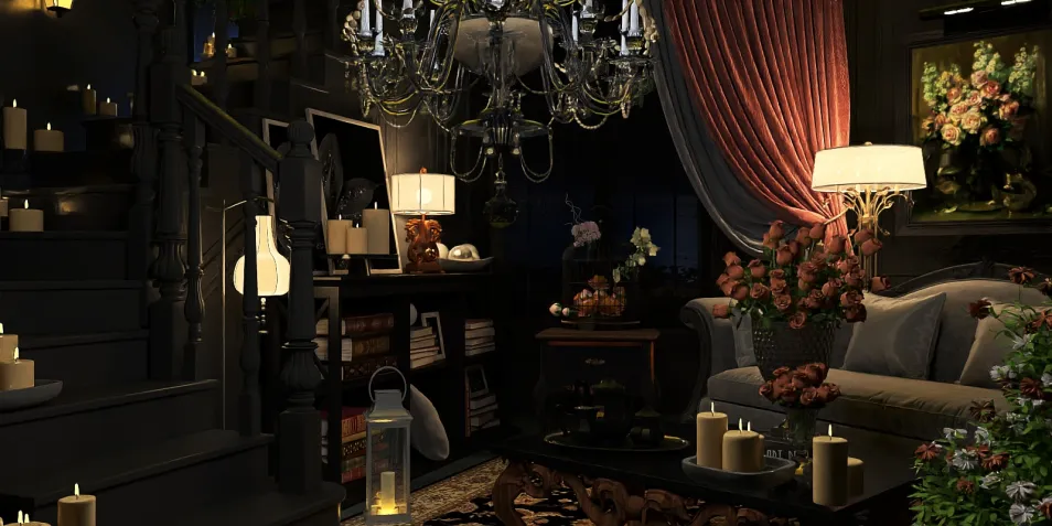 cozy living room with elegant chandelier and floral decor, showcasing warm lighting ambiance, featuring Homestyler's real-time 3D rendering capability.