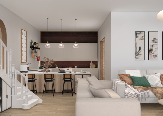 Integrated kitchen with living room. Design Rendering