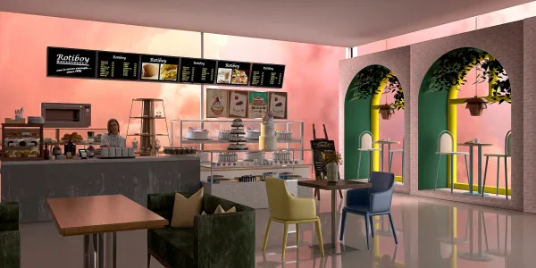 cozy café interior showcasing a modern design with vibrant colors and greenery, featuring a dessert display and seating area, utilizing Homestyler's real-time 3D rendering for an immersive client experience.