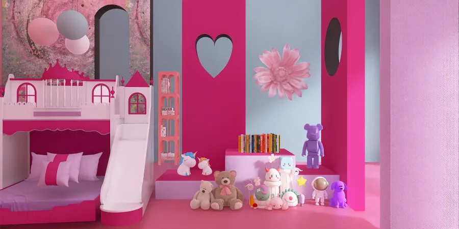 a pink doll house with pink walls and pink flowers 