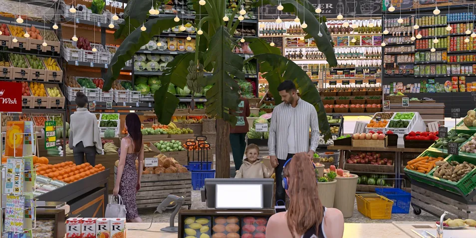 grocery store scene with vibrant produce display, shopping experience design, modern interior decor, showcasing Homestyler's real-time 3D rendering feature