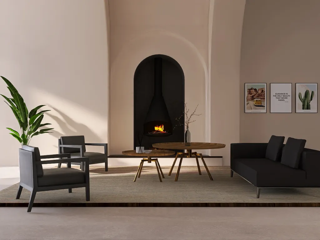 a living room with a fireplace and a chair 