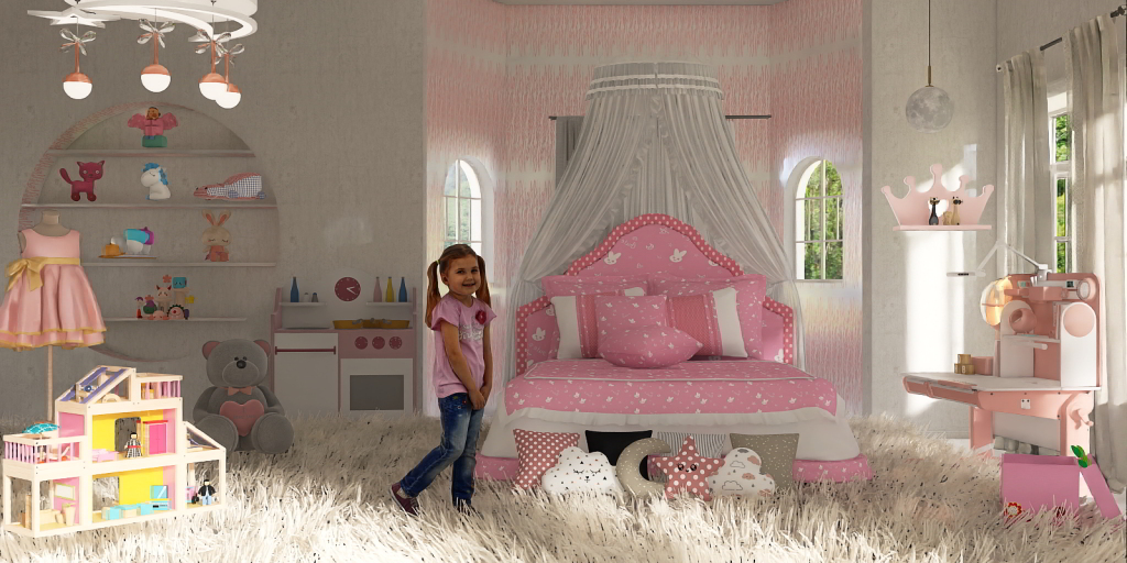 a girl in pink dress standing in a room with a pink bed 