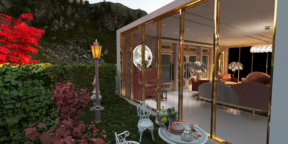 modern glass house exterior showcasing outdoor living area with elegant furniture arrangement in luxurious style, featuring Homestyler's real-time 3D rendering for design proposal visualization.