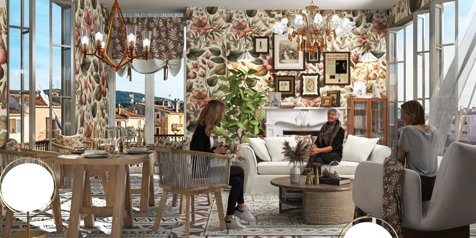 cozy living room with floral wallpaper and elegant lighting designed for interior decor enhancement featuring Homestyler's real-time 3D rendering functionality