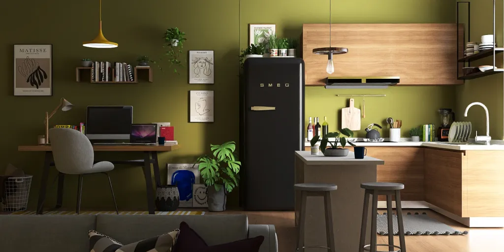 a kitchen with a refrigerator, a table, and a chair 