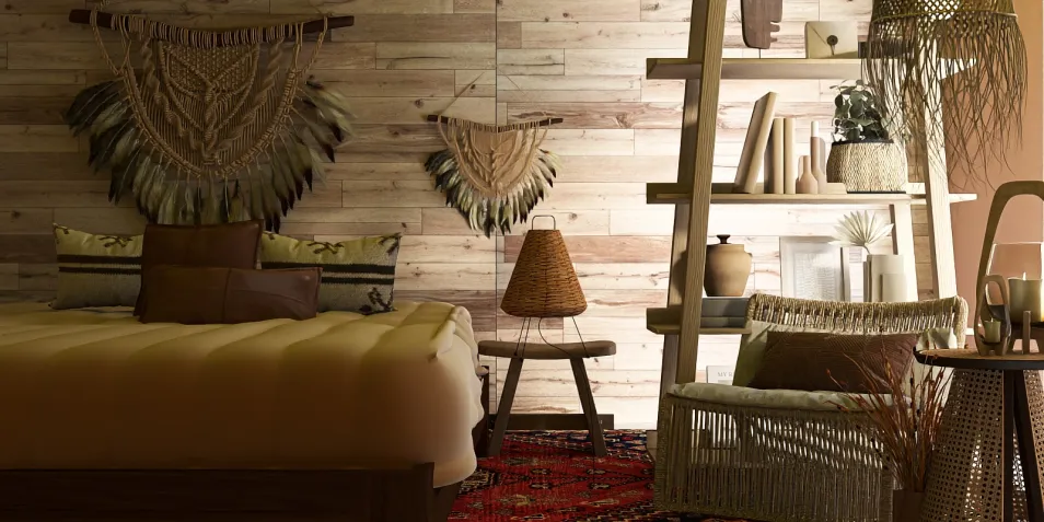 cozy bedroom featuring a warm color palette and bohemian decor, showcasing interior design with smart furniture arrangement capabilities from Homestyler
