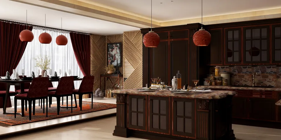 luxurious kitchen design featuring a granite island and dark cabinetry with pendant lighting, showcasing elegant interior decor concepts using Homestyler's real-time 3D rendering feature