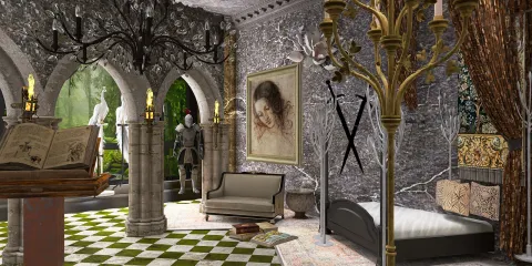 A beautifully designed medieval-inspired bedroom featuring intricate wallpaper, a grand chandelier, and a decorative bed. The space showcases a blend of historic and artistic elements, emphasizing luxury in interior design. Creating a unique atmosphere with Homestyler's real-time 3D rendering feature.
