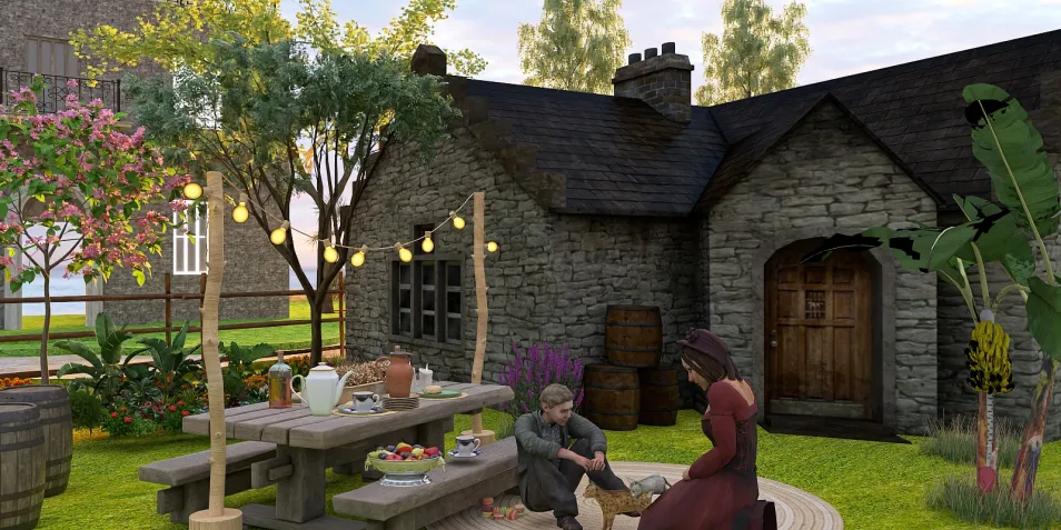 Outdoor dining setup with a rustic stone house design featuring a wooden table, sitting area, and greenery, showcasing an inviting garden space ideal for gatherings; includes Homestyler's real-time 3D rendering feature for visualizing landscape arrangements.