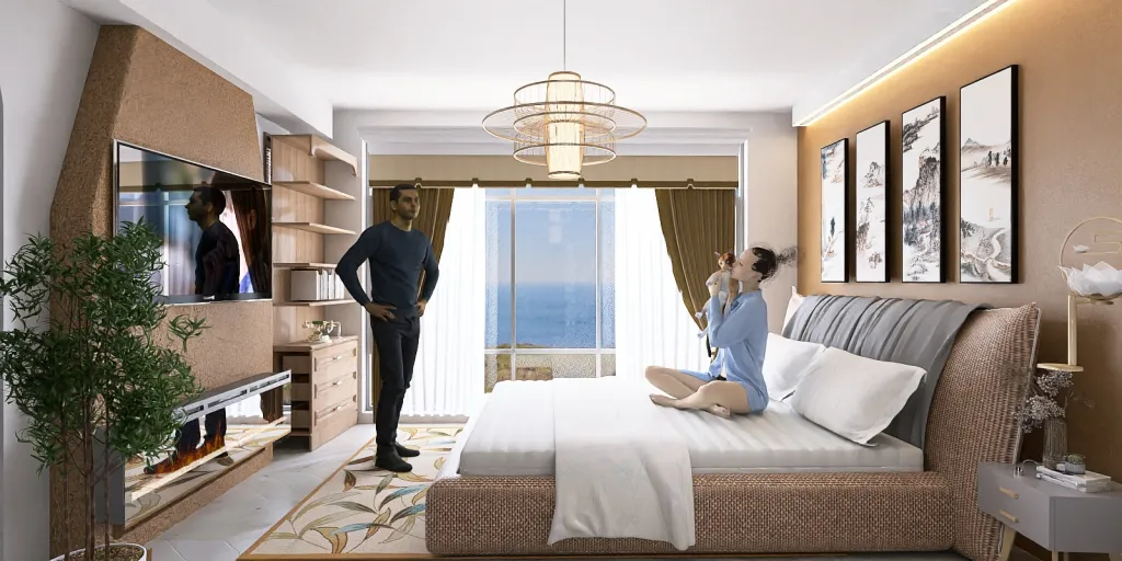 a man and woman are standing in a bedroom 