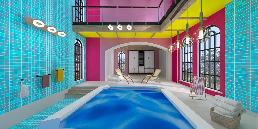 a large blue and white swimming pool in a room 