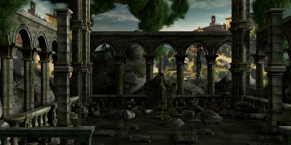 ancient ruins interior showcasing stone columns and arches, creating a mystical atmosphere, enhancing 3D rendering experience with Homestyler's real-time capabilities.