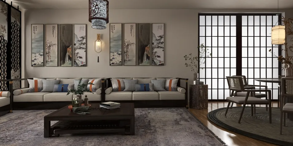 living room seating area featuring a cozy sectional sofa with decorative pillows, designed in a contemporary Asian style, showcasing a balance of comfort and aesthetics using Homestyler's real-time 3D rendering feature.