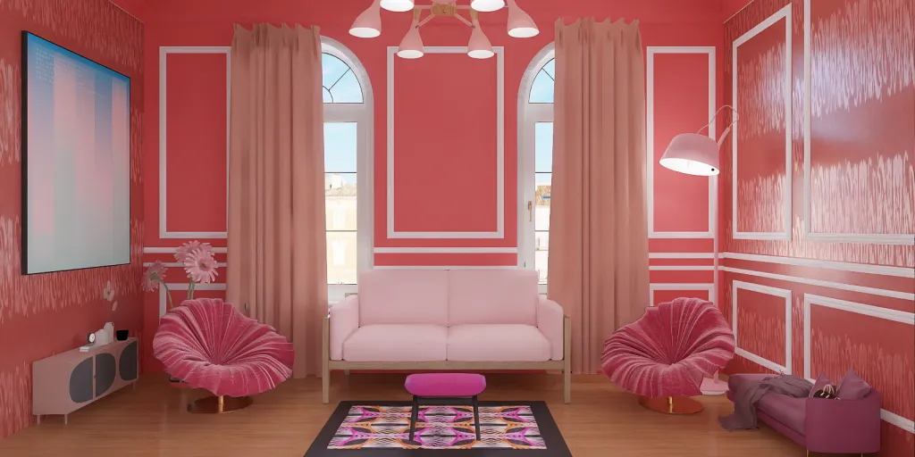 a room with a red couch and a pink chair 