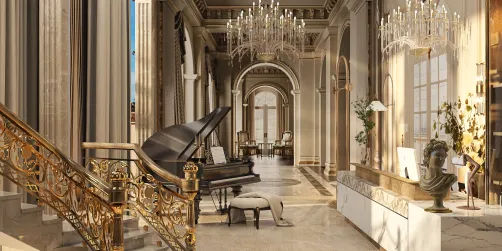 luxurious foyer featuring a grand piano and elegant staircase, showcasing opulent design elements in a classical style, highlighting interior decoration with Homestyler's real-time 3D rendering feature.