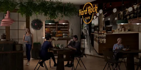 cozy cafe interior featuring dining areas and a coffee bar, creating a welcoming atmosphere for social gatherings, designed using Homestyler's real-time 3D rendering feature.