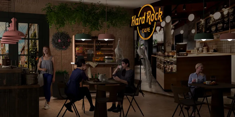 cafe interior with people dining and socializing, showcasing modern decor, atmospheric ambiance, featuring Homestyler's real-time 3D rendering for accurate design visualization.
