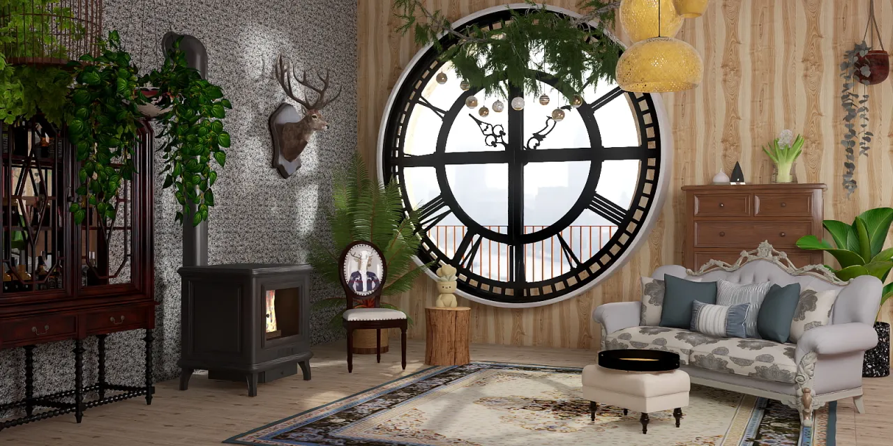 a living room with a large clock on the wall 