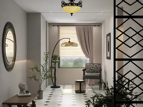 A cozy hallway featuring a stylish lamp, decorative plants, and a modern chair, showcasing contemporary interior design with a touch of elegance, incorporating Homestyler's real-time 3D rendering for an immersive preview.