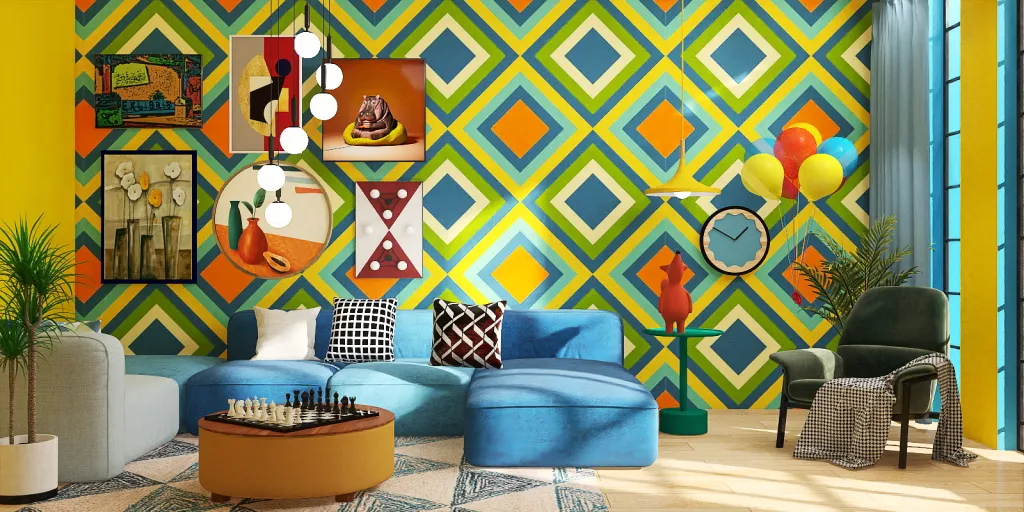 a living room filled with colorful furniture and colorful decorations 