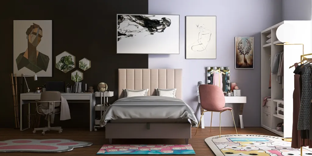a bedroom with a bed, a desk, and a painting 
