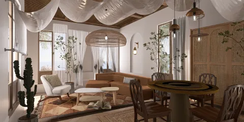 cozy living room arrangement showcasing a contemporary bohemian style with wooden furniture and lush greenery, emphasizing interior design with Homestyler's real-time 3D rendering feature.