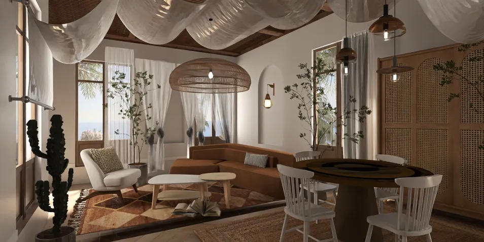 cozy living room featuring a modern sectional sofa, warm color palette, and bohemian style decor, showcasing interior decor related to homestyler's real-time 3D rendering feature.