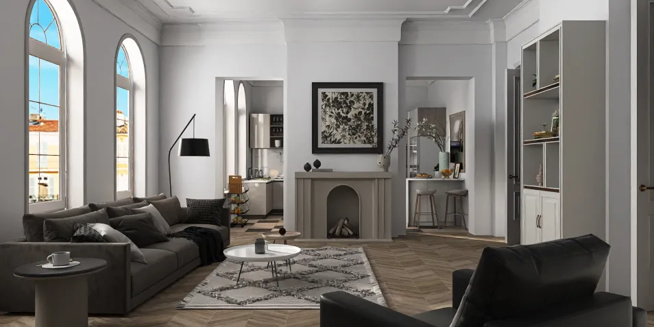 spacious living room with modern furniture arrangement in contemporary style featuring natural light and elegant decor, interior design concept utilizing Homestyler's real-time 3D rendering feature.