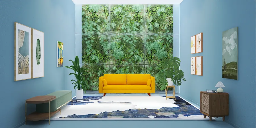 a green couch sitting in a room with a blue wall 