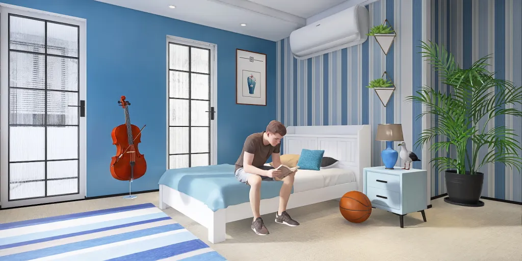 a man in a blue shirt playing a guitar in a bedroom 