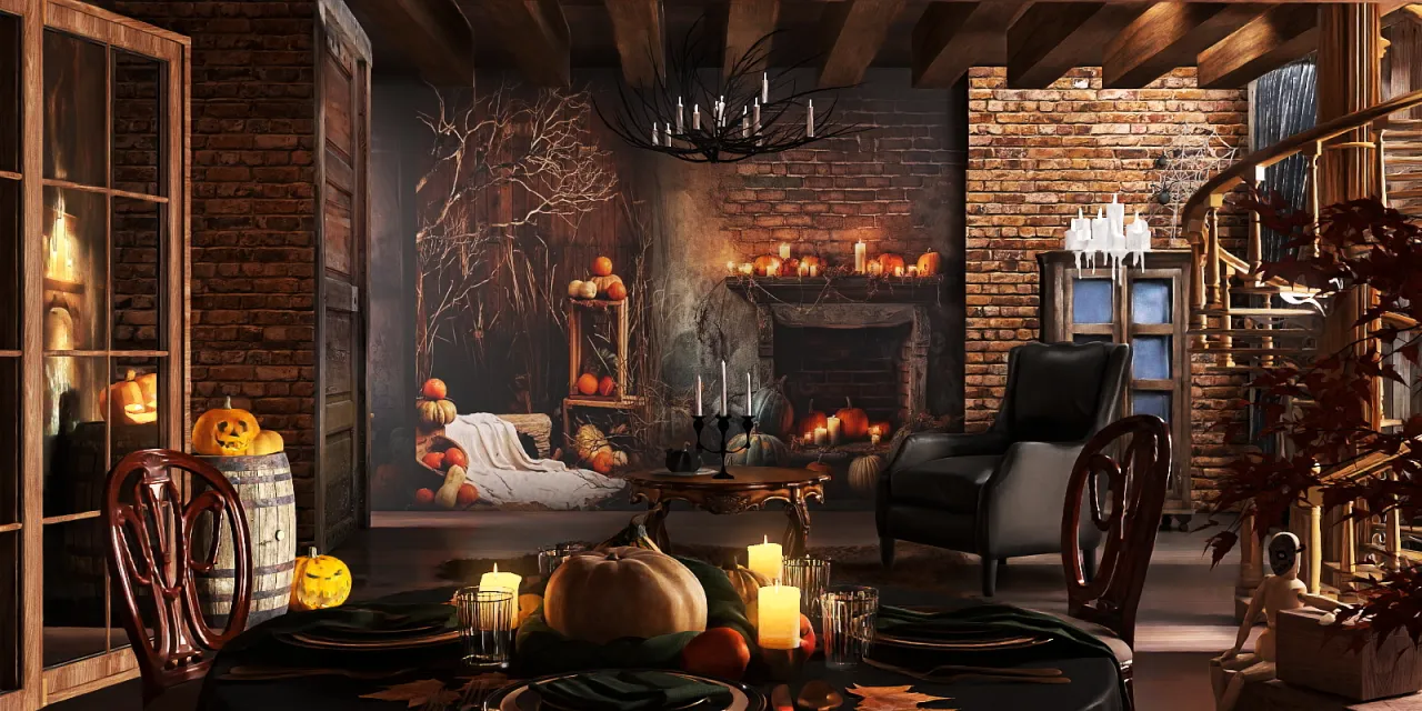 a living room with a fireplace and a table 