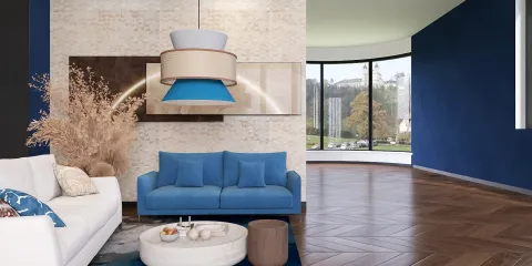 Living room with a stylish blue sofa and modern light fixture, showcasing contemporary design elements and an open space layout; features interior decor keyword 'modern living room design' and utilizes Homestyler's real-time 3D rendering technology for realistic preview.