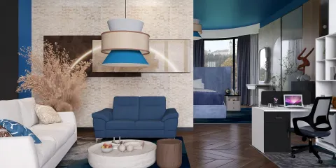 modern living room with stylish sofa and desk arranging in harmonious blue tones, showcasing interior design using Homestyler's real-time 3D rendering feature for an immersive décor experience.