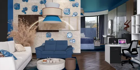 Living room featuring a modern blue sofa and stylish decor, showcasing a unique wall design with bubbles, complemented by a sleek workspace; utilizing Homestyler's real-time 3D rendering for immersive interior design.