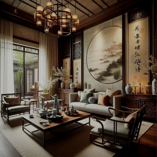 Traditional living room with elegant Chinese decor featuring a large round painting and wooden furniture arrangement, showcasing a harmonious blend of cultural aesthetics and comfort, optimized with Homestyler's real-time 3D rendering feature.