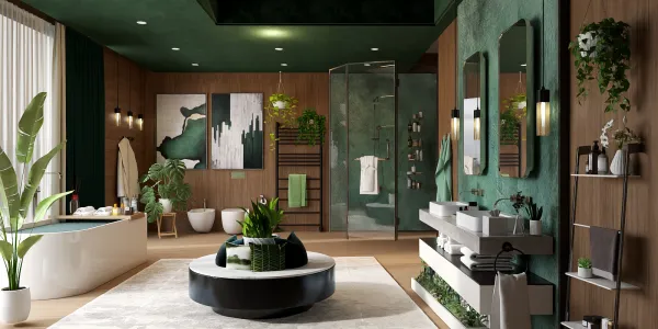 modern bathroom design featuring a freestanding tub and a glass shower, showcasing a natural green color scheme, emphasizing relaxation and wellness, utilizing Homestyler's real-time 3D rendering for a visual preview