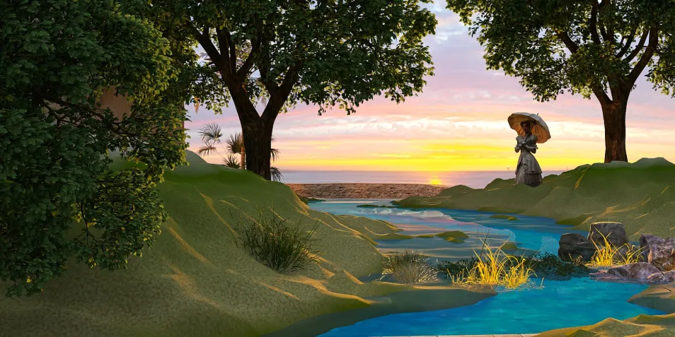 serene landscape design featuring a flowing stream with greenery and a sunset backdrop, enhancing outdoor living experience with an immersive environmental perspective using Homestyler's real-time 3D rendering feature.