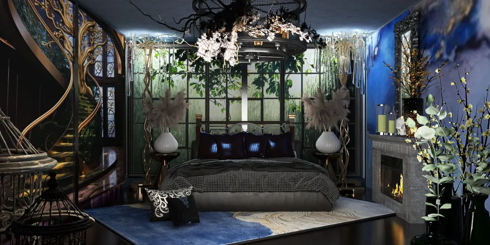 luxurious bedroom design featuring a cozy bed with ornate decor and unique lighting, styled with a whimsical theme, showcasing Homestyler's real-time 3D rendering feature.