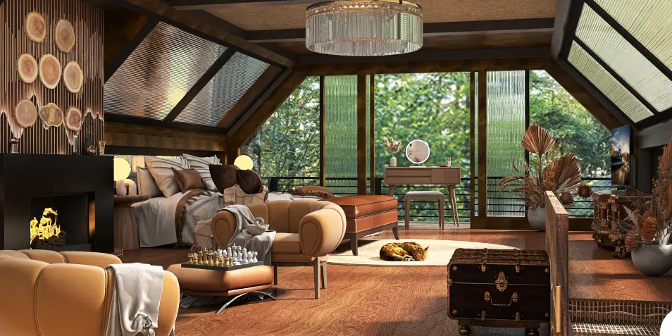 Cozy rustic living room with comfortable seating and a fireplace featuring a warm wood and glass design, enhancing a natural aesthetic while showcasing the smart furniture arrangement functionality of Homestyler.