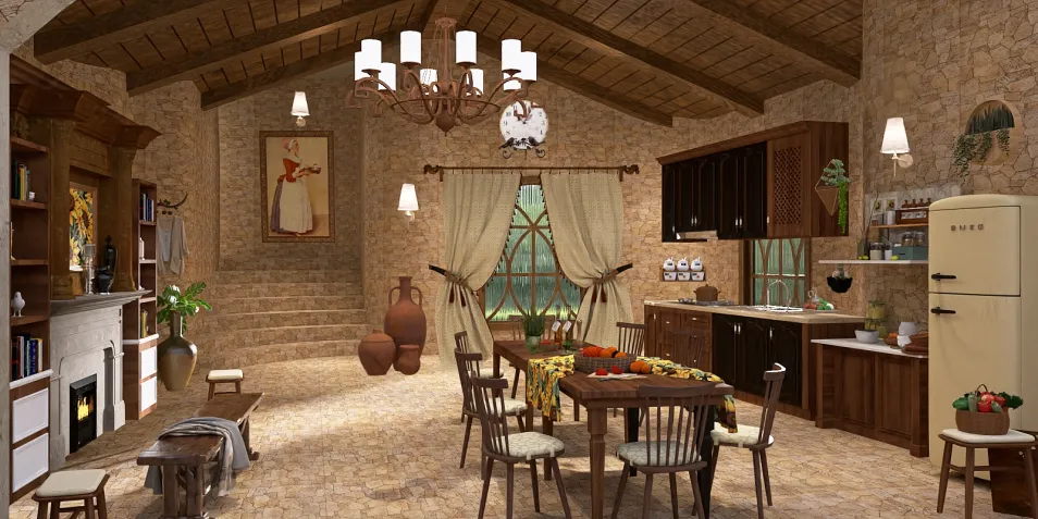 rustic kitchen interior showcasing a cozy dining area with wooden furniture and vintage decor, featuring Homestyler's real-time 3D rendering for design previews