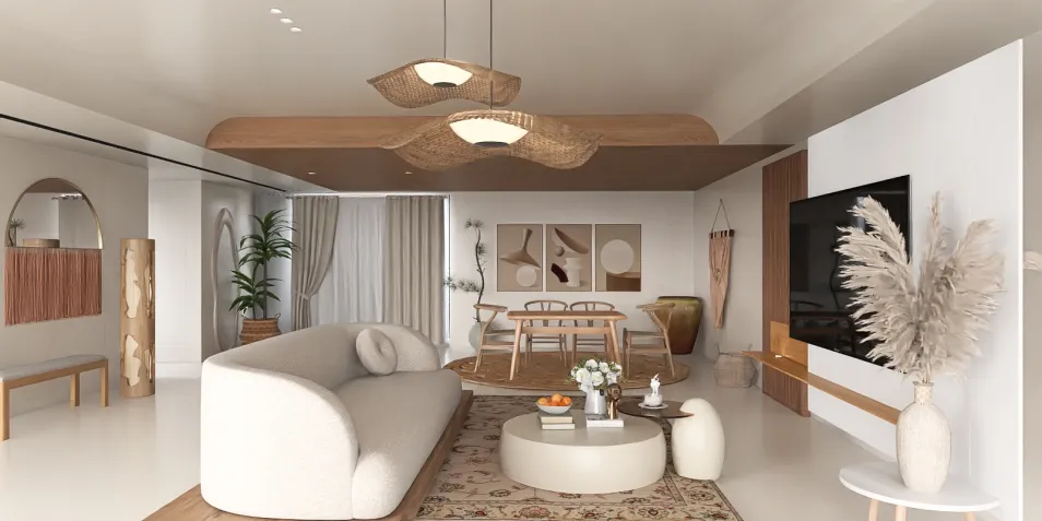 modern living room design featuring a curved sofa and a wooden ceiling fixture, showcasing a minimalist aesthetic with natural elements, utilizing Homestyler's real-time 3D rendering for immersive interior visualization